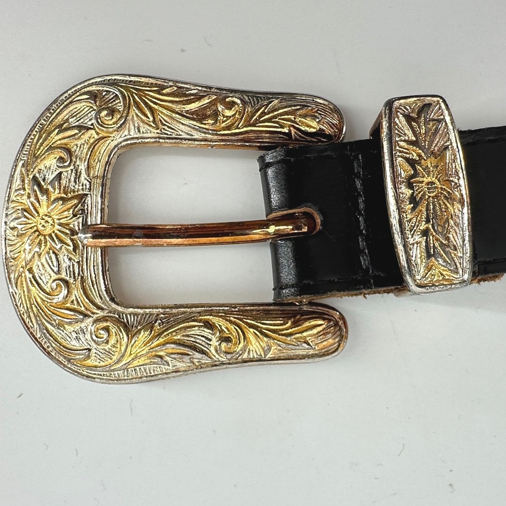 Western Belt Black Leather Boho Cowboy Equestrian Two Tone Engraved Womens 34"